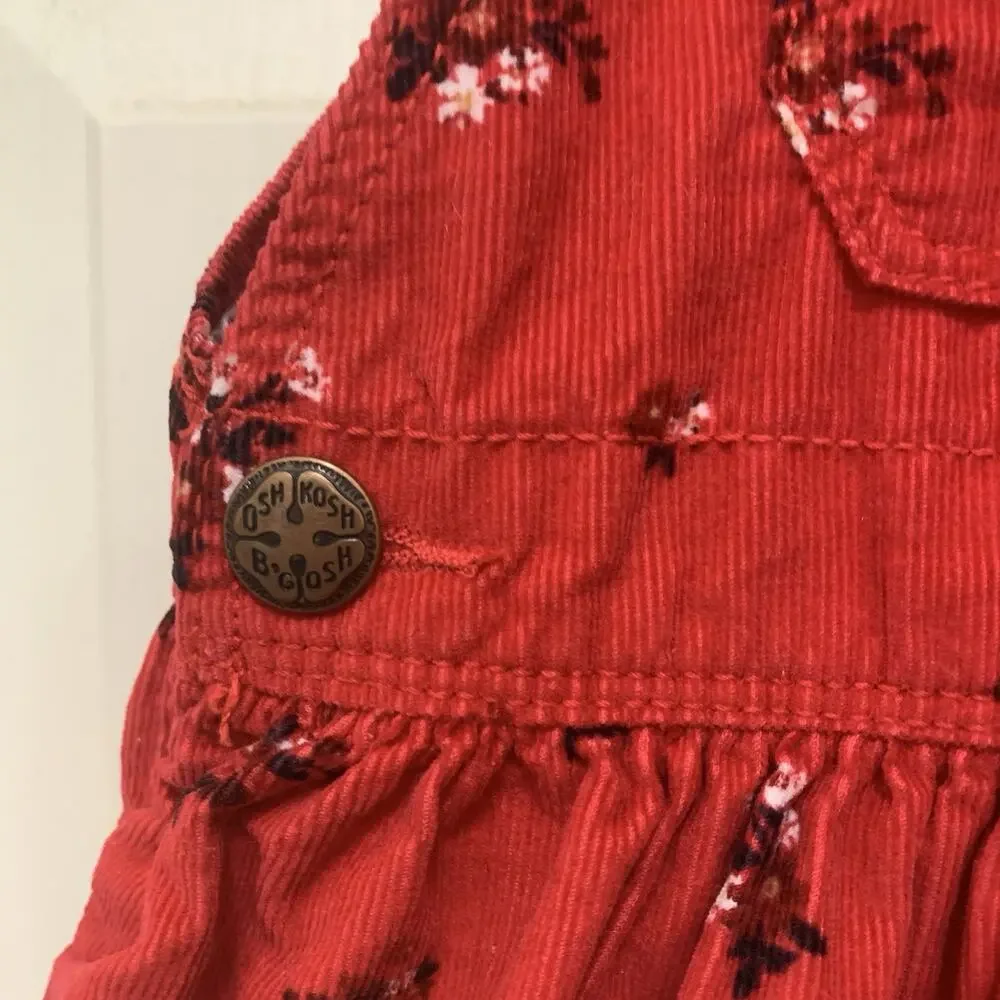 OshKosh B’Gosh 3T Red Corduroy Floral Bib Dress Overall Floral Skirt Vestbak